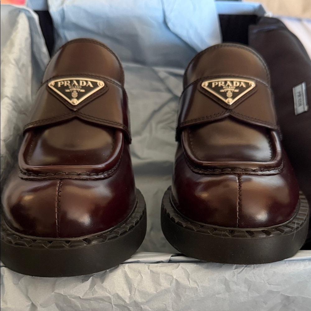 Prada Women's Triangle Logo Loafers Spazzolato Leather Dark Burgundy - Picture 2 of 12